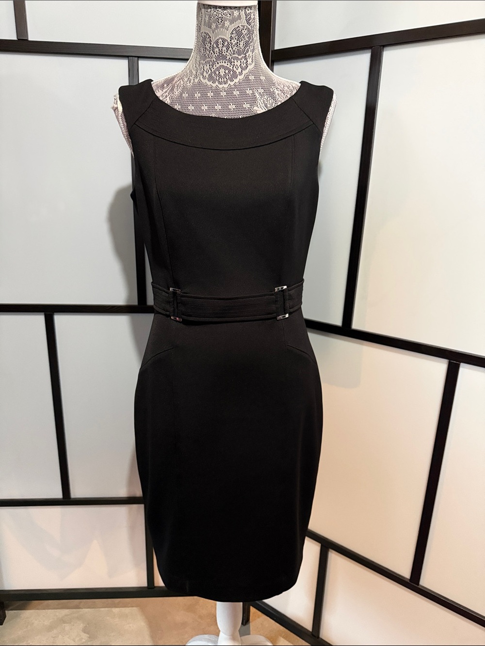 White House Black Market Black Sleeveless Belted Sheath Dress